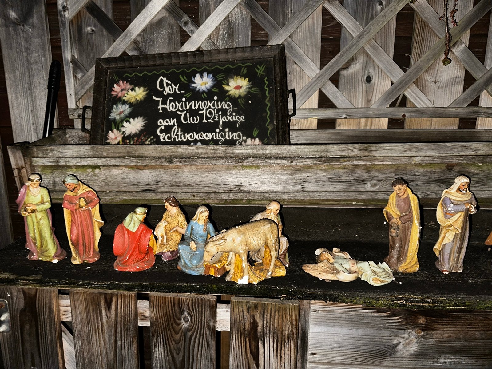 Antieke Kerststal Beeldjes Set - Handgeschilderd, Antiek en Kunst, Ophalen of Verzenden