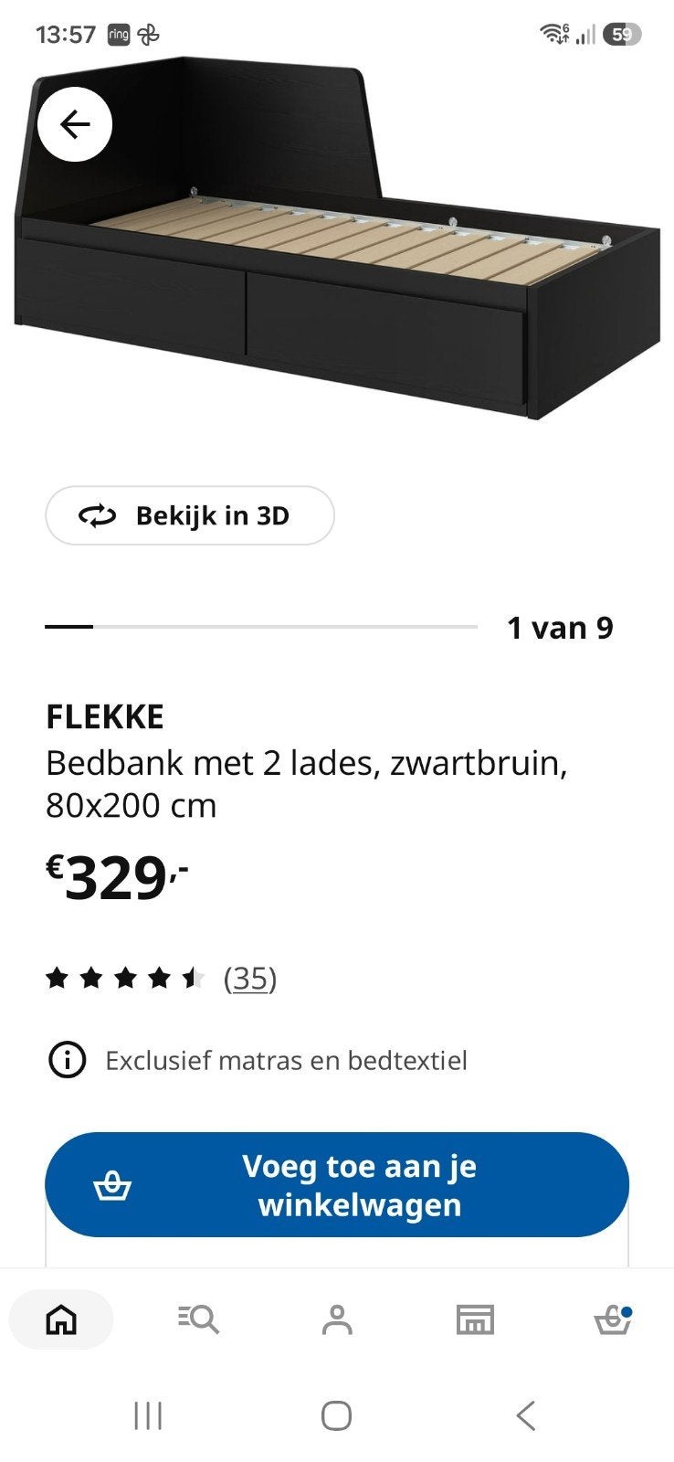 Ikea Flekke bed met 2 lades, Ophalen, Eenpersoons, Zwart, Zo goed als nieuw