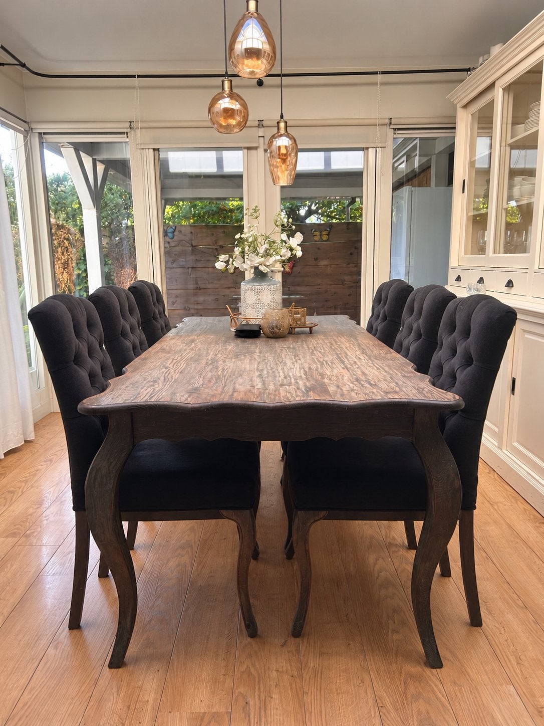 Houten eettafel met 6 stoelen, Ophalen, Gebruikt, 4 tot 6 stoelen