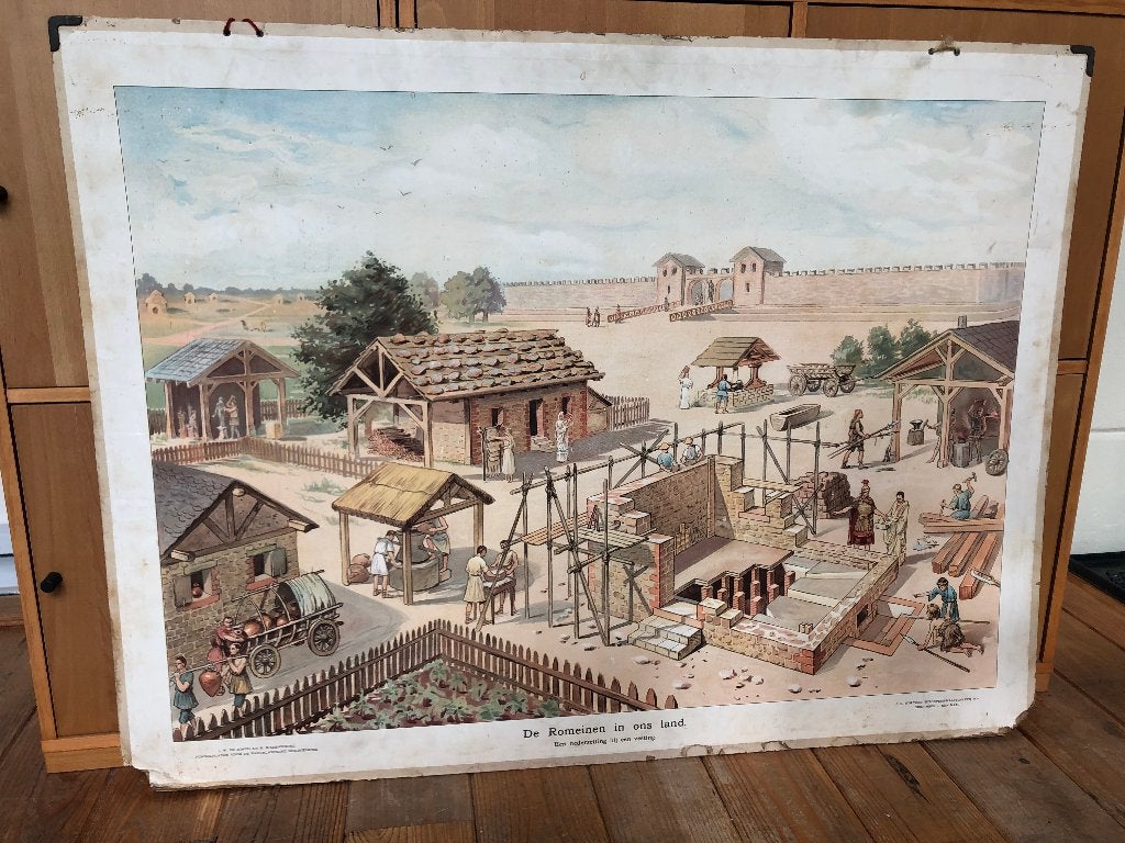 schoolplaat "De Romeinen in ons land", Antiek en Kunst, Antiek | Schoolplaten, Ophalen, Geschiedenis