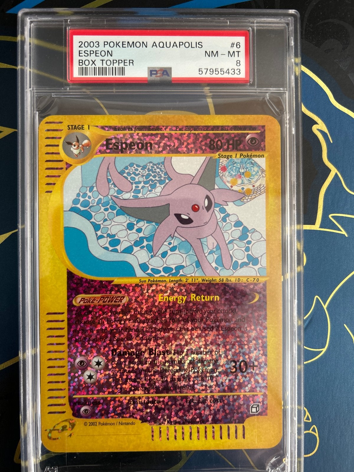 2003 Pokemon Aquapolis Espeon Box Topper PSA 8, Ophalen of Verzenden, Zo goed als nieuw, Losse kaart