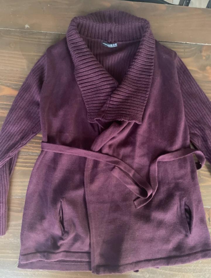Zacht aubergine paars vest met knoopceintuur maat 48, Ophalen of Verzenden, Gedragen, Maat 46/48 (XL) of groter, Paars