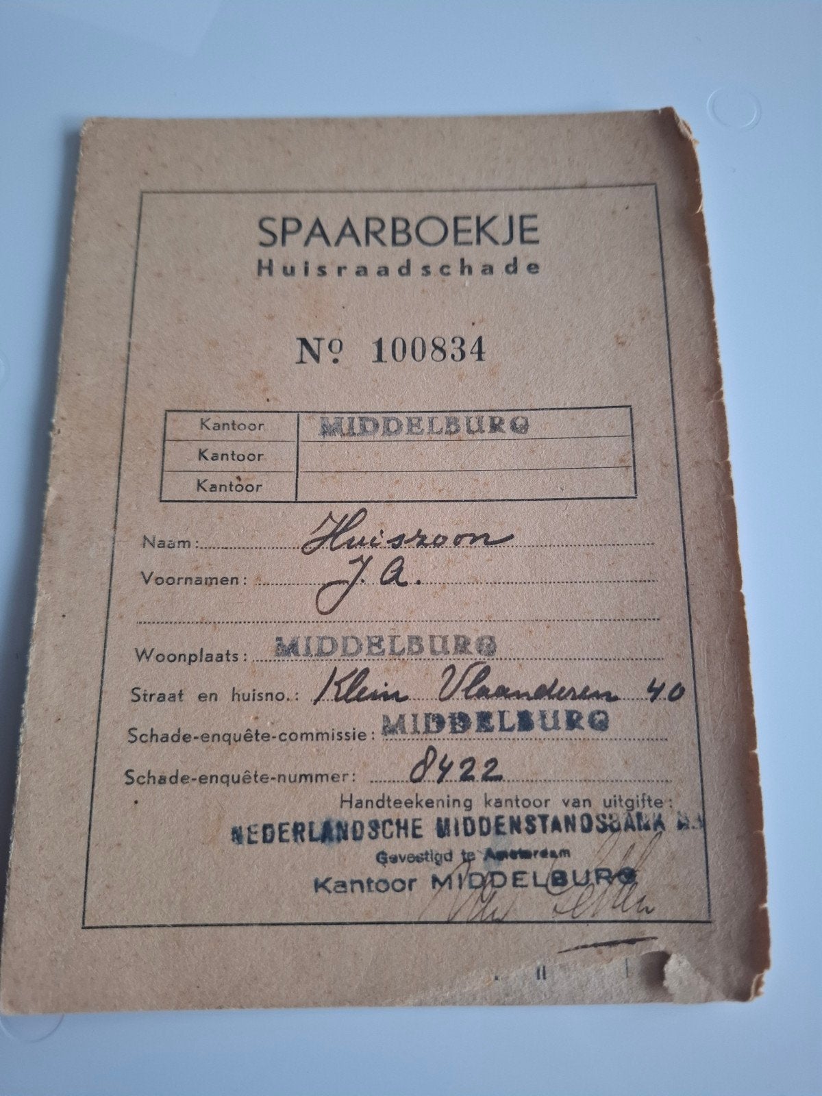 Spaarboekje Middelburg huisraadschade document, Verzamelen, Ophalen of Verzenden, Overige typen