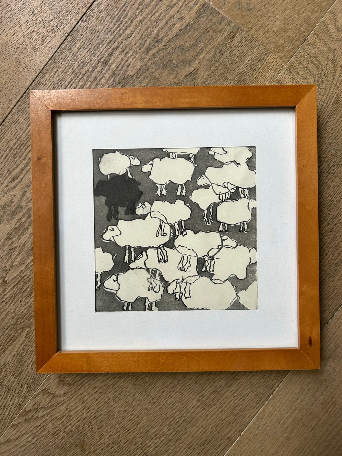 Zeefdruk Zwart schaap tussen witte schapen, 26 cm, Ingelijst, 26 cm, 1950 - 1999