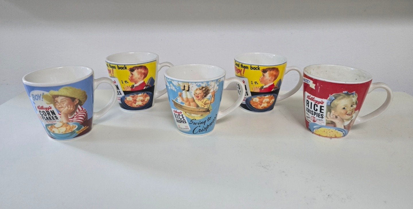 Set van 5 Vintage Kellogg's Mokken Corn Flakes & Rice Krisp, Gebruikt, Overige merken, Keramiek, Vintage