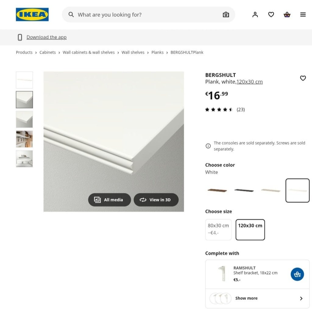 Ikea BERGSHULT Wood Plank, white,120x30 cm, Huis en Inrichting, Ophalen, Nieuw