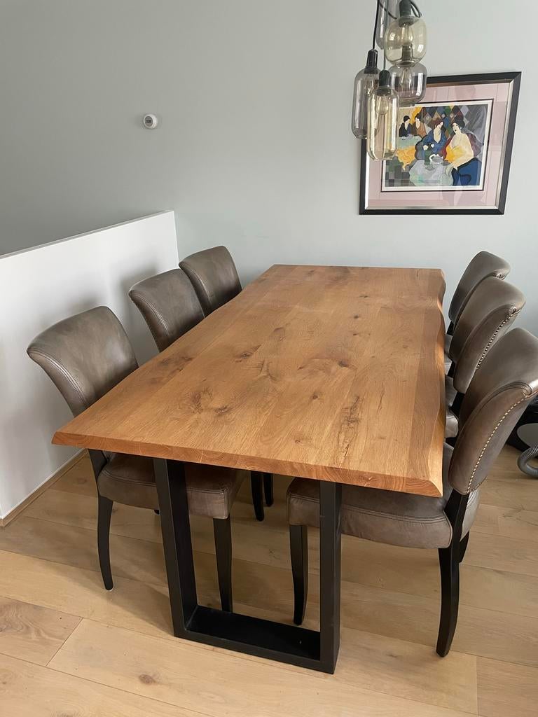 Massief eiken eettafel met industriële stalen poten, Ophalen, 100 tot 150 cm, Eikenhout, 200 cm of meer