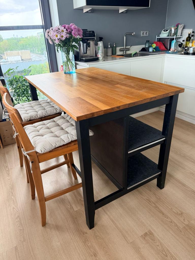 IKEA Stenstorp table set with two chairs and cushions, Ophalen, Gebruikt, Met voetsteun, 90 cm of meer
