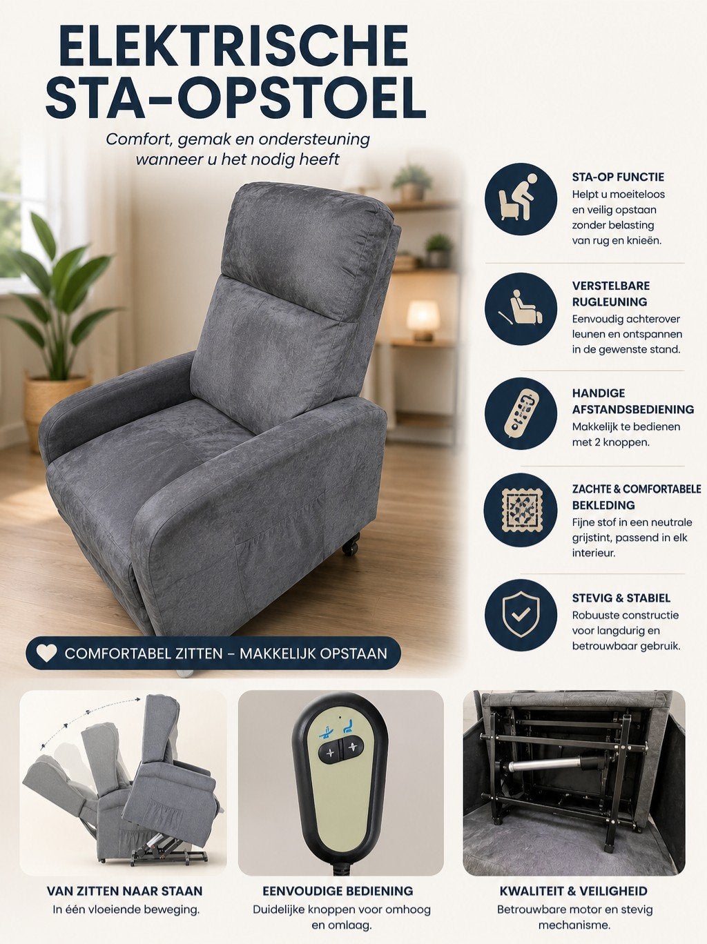 Elektrische Sta opstoel, Huis en Inrichting, Fauteuils, 100 tot 125 cm, Modern, Comfort, Ophalen of Verzenden, Zo goed als nieuw