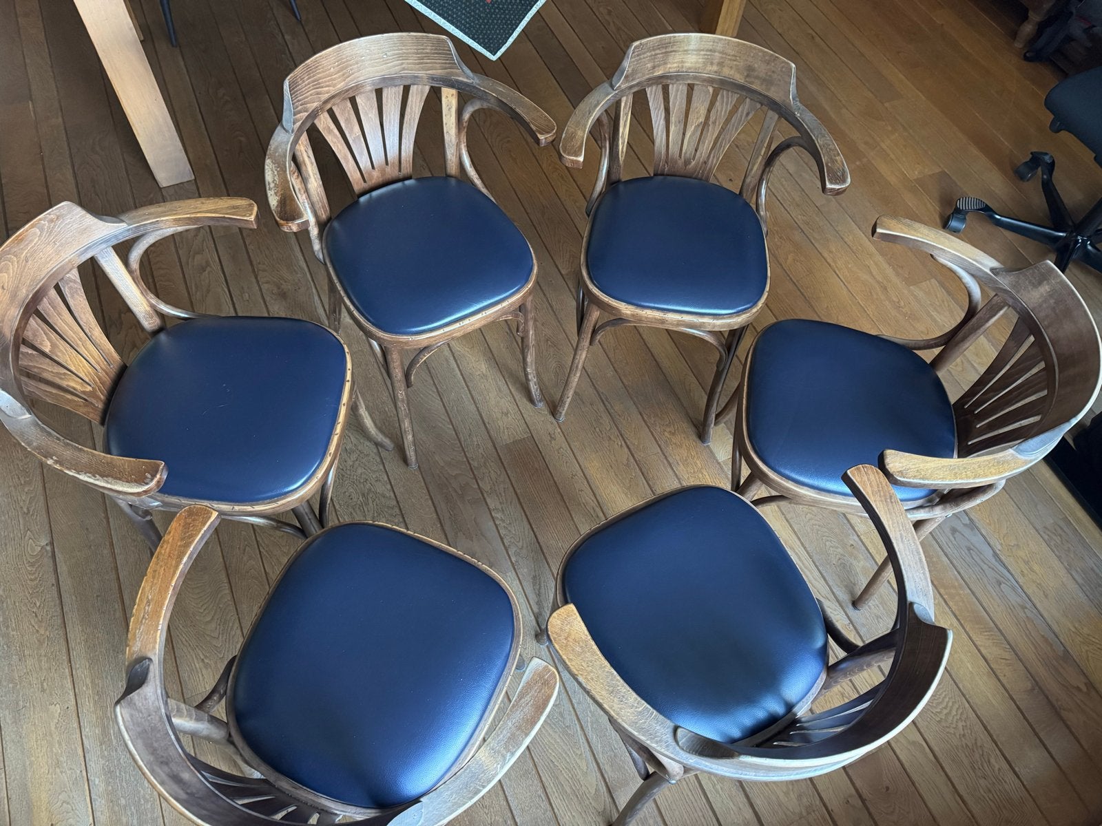 Set van 6 stoelen met lederen zitting izgst! €10/stuk, Huis en Inrichting, Stoelen, Ophalen, Gebruikt, Bruin, Vijf, Zes of meer stoelen