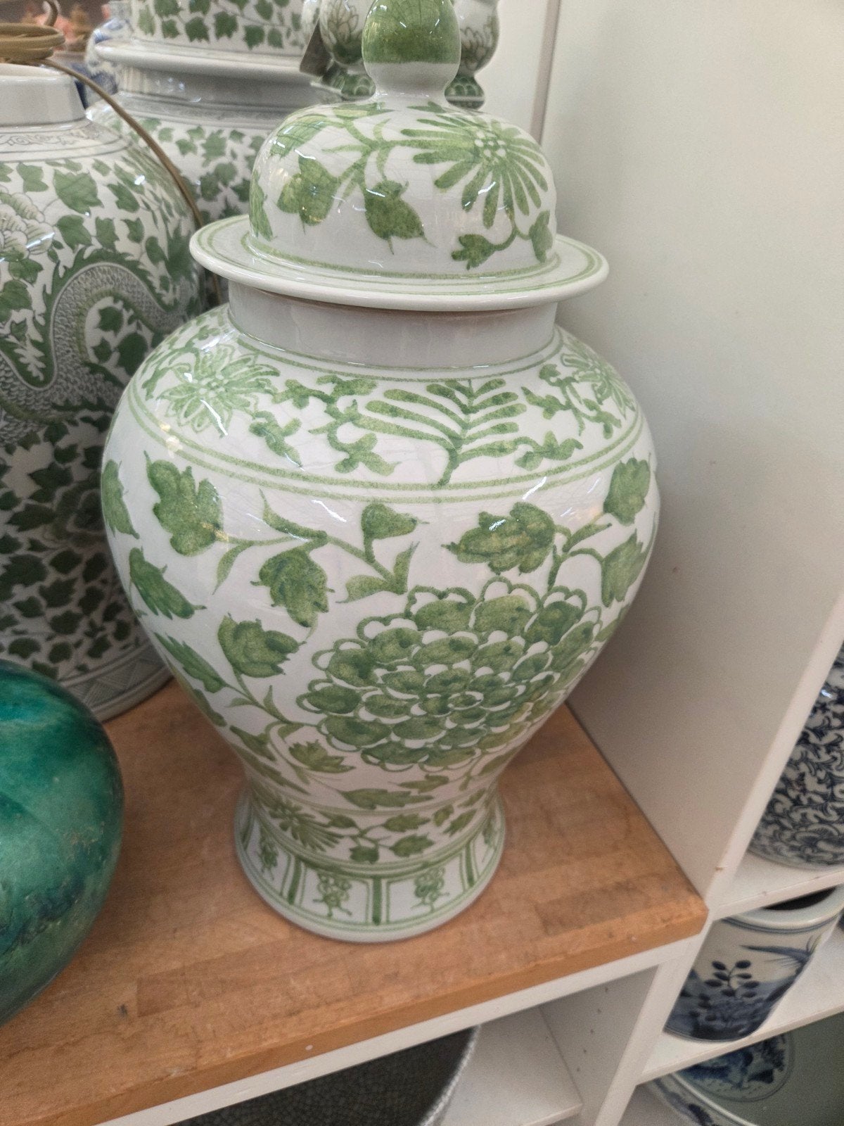 Decoratieve Groene en Witte Gemberpot met Bloemenpatroon, Ophalen of Verzenden