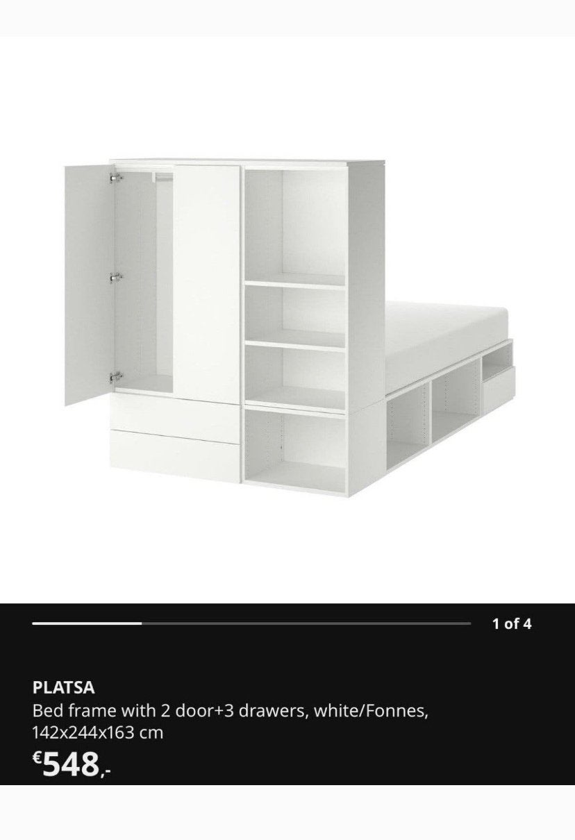 IKEA Platsa 2-persoonsbed wit met kast en opbergruimte, Gebruikt, Wit, Tweepersoons, 200 cm