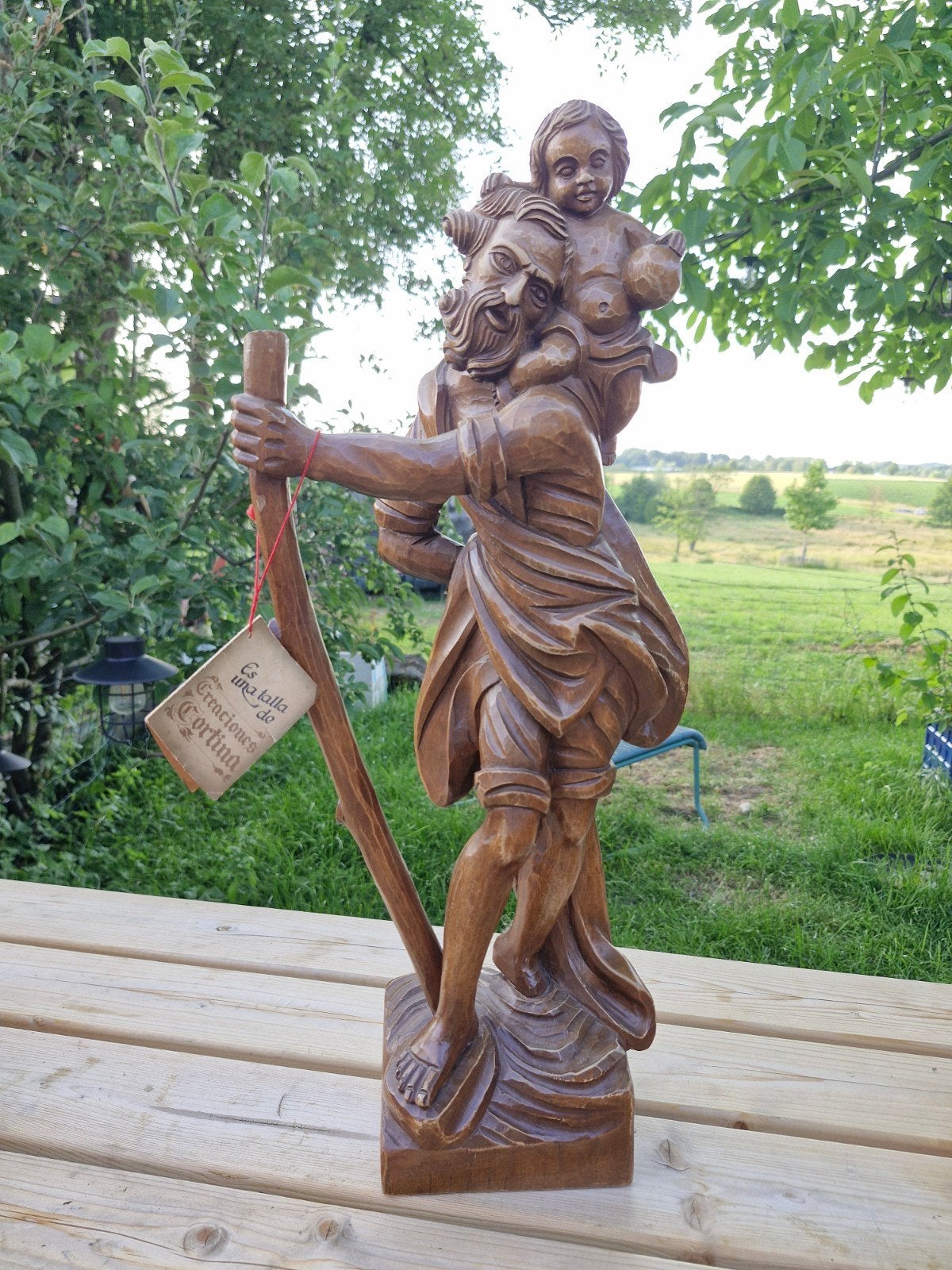Houten Beeld: Sint Christoffel met Kindje Jezus, Handgemaakt, Beeld, Hout, Bruin