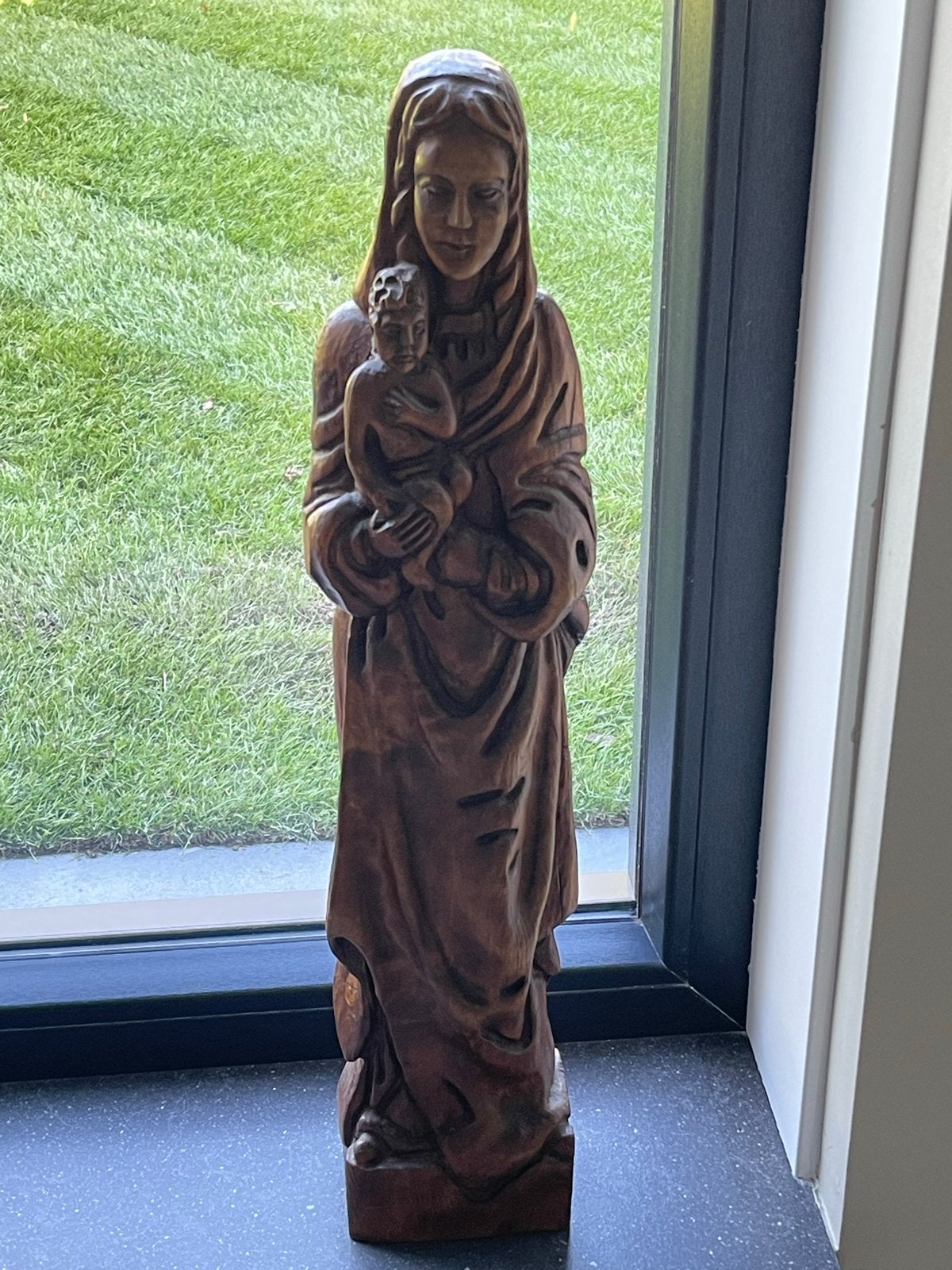 Handgesneden Spaans houten beeld Maria met Jezus, 71cm, Handgemaakt, Beeld, Hout, Bruin