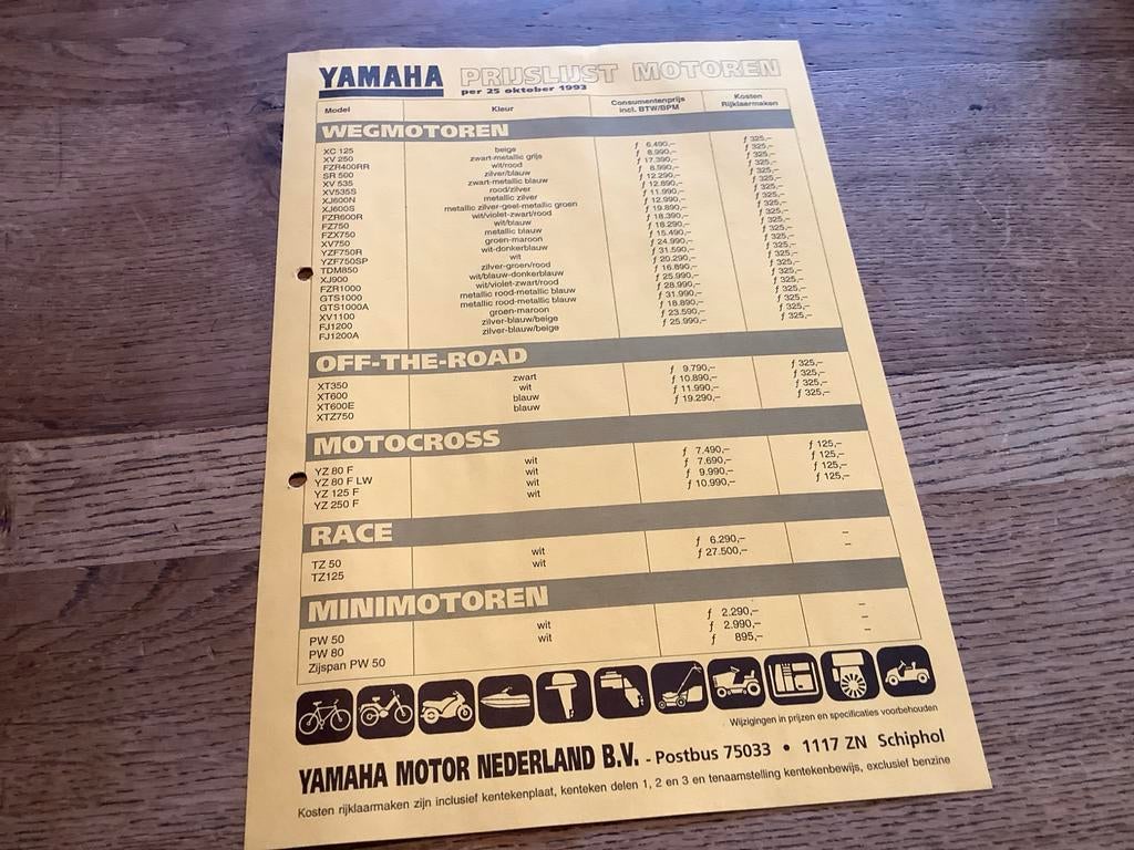 Yamaha Prijslijst Motoren oktober 1993, Verzenden, Yamaha