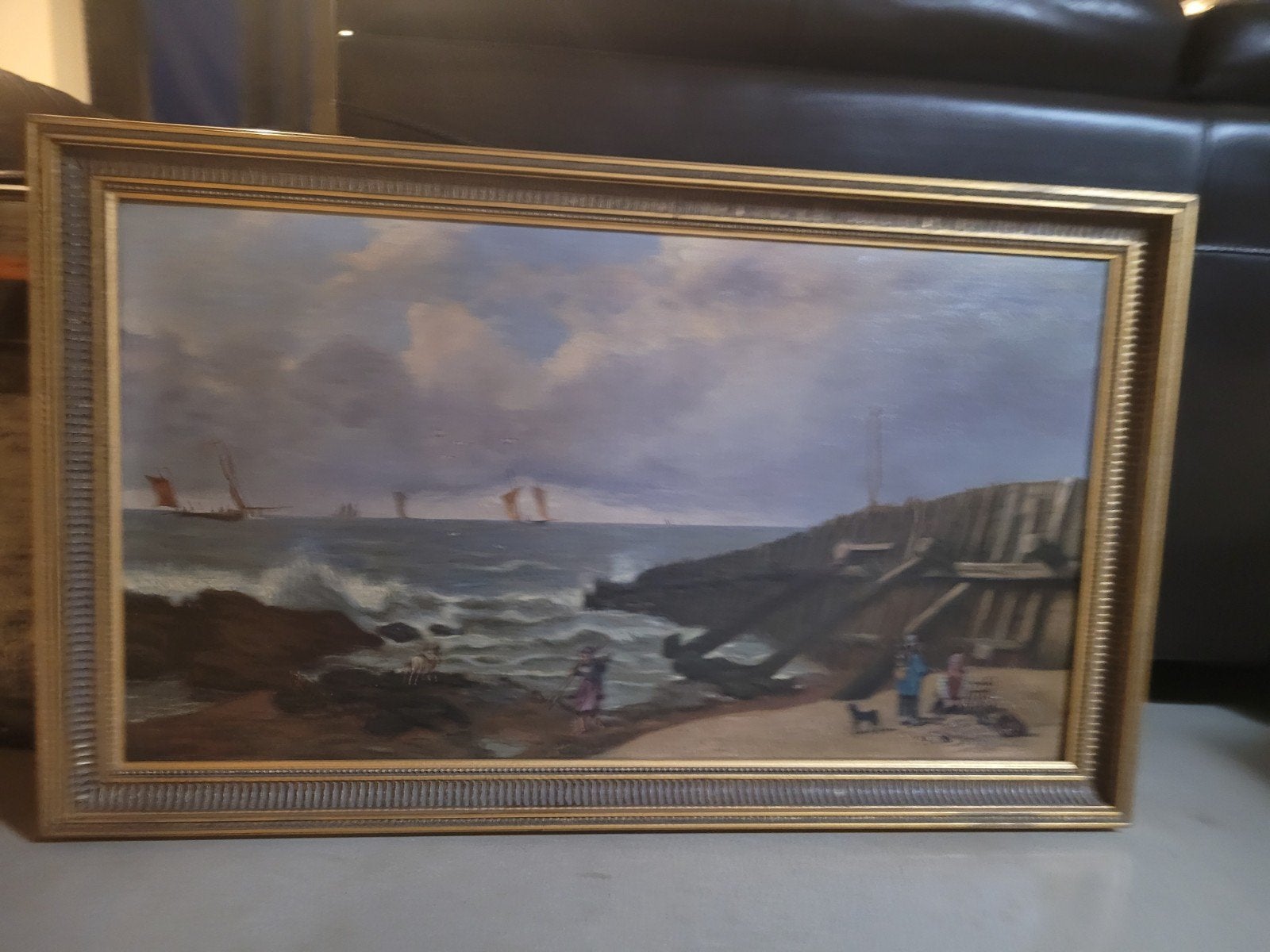 Klassiek Maritiem Schilderij: Kustgezicht met Schepen, Maritiem / water, Doek, Ophalen of Verzenden, Olieverf
