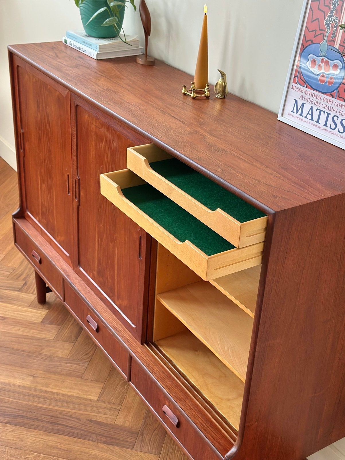 Vintage wandmeubel highboard Deens teak hout jaren 50/60/70, Huis en Inrichting, Ophalen, Gebruikt, Met deur(en), 100 tot 150 cm