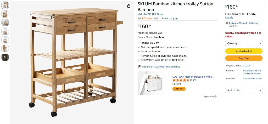 SKLUM Sutton bamboe keuken trolley / opbergwagen op wieltjes, Ophalen, Gebruikt