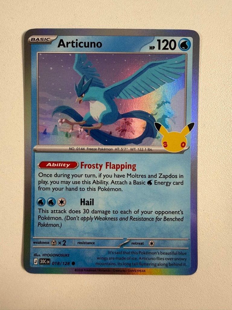 018/128 Articuno 30th Celebration Pokemon Kaart, Ophalen of Verzenden, Nieuw, Losse kaart