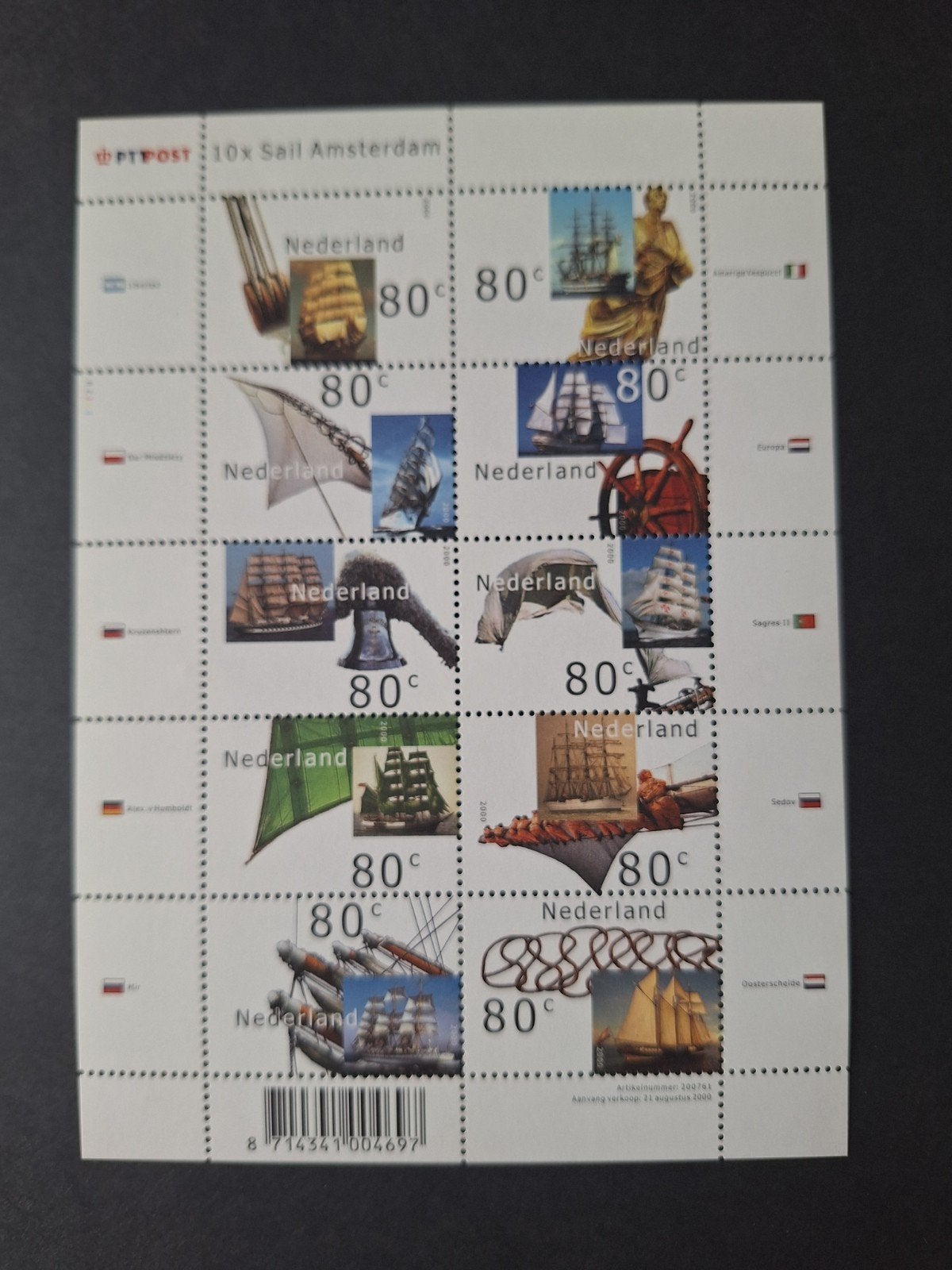 PTT Post 10x Sail Amsterdam Postzegelvel, Postzegels en Munten, Postzegels | Nederland, Ophalen of Verzenden, Na 1940, Postfris