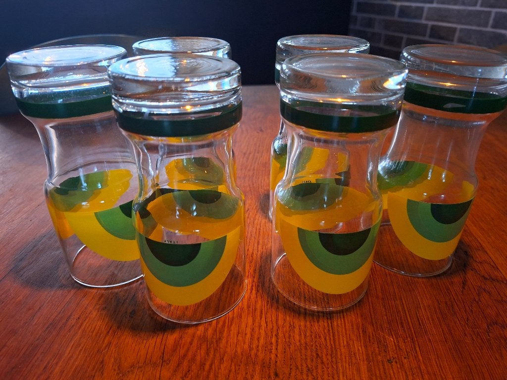 6 geel/groene retro/vintage glazen, Glas of Glazen, Overige merken, Vintage, Ophalen of Verzenden