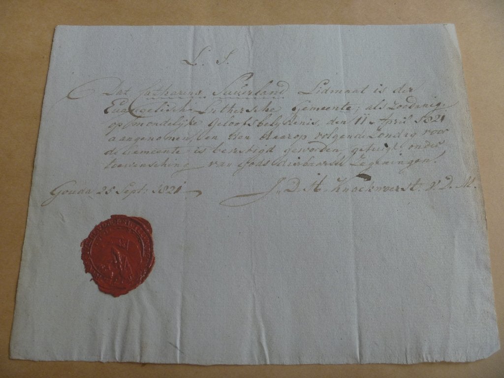 Document Gouda.Geloofsbelijdenis. 11 April 1821. Lakzegel, Ophalen of Verzenden, Gebruikt