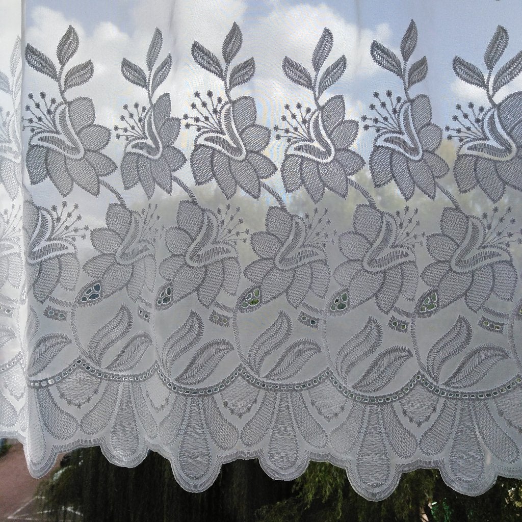 Witte vitrage met ingeweven bloemmotief en schulprand 3x, Ophalen, Gebruikt, Wit, Vitrage