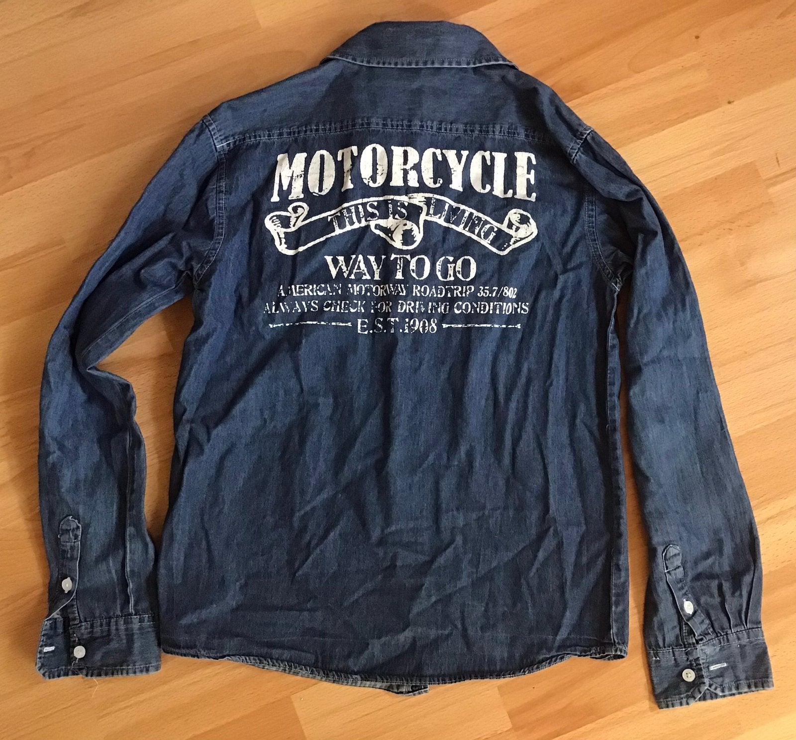 Stoere spijkerblouse Scamps & Boys denim motorcycle maat 164, Overhemd of Blouse, Zo goed als nieuw, Jongen, Scamps & Boys