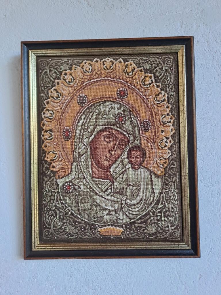 Vintage geborduurde afbeelding icoon Maria met kind., Ophalen of Verzenden