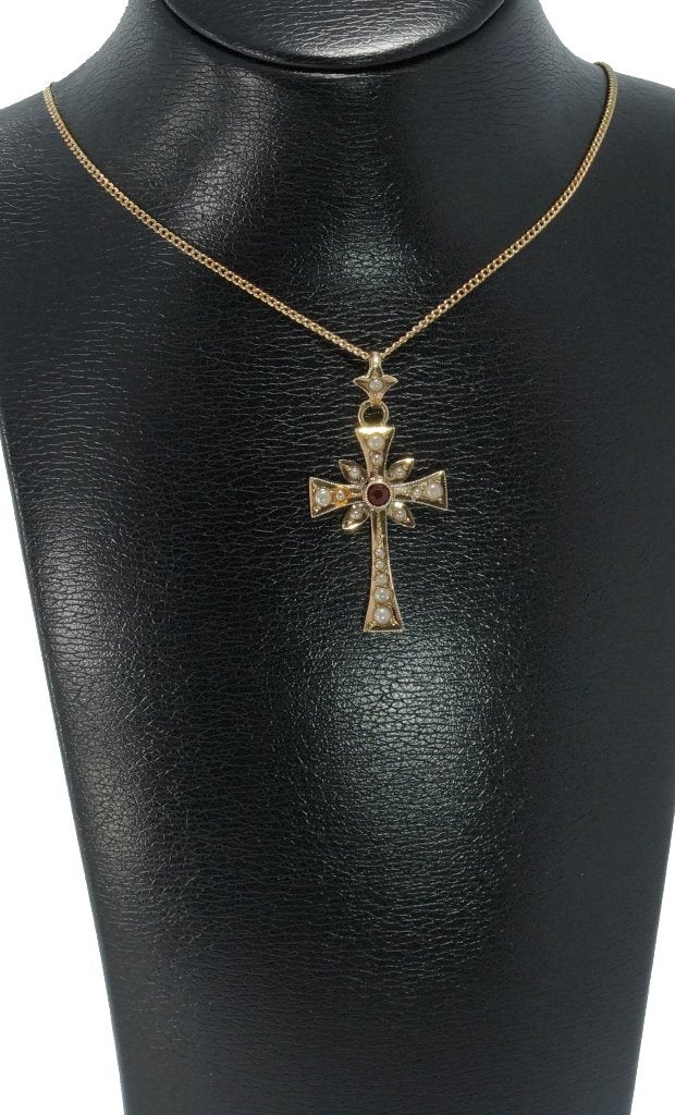 Kruis fraaie 14k gouden ketting hanger antiek parels granaat, Ophalen of Verzenden, Goud, Hanger, Met edelsteen