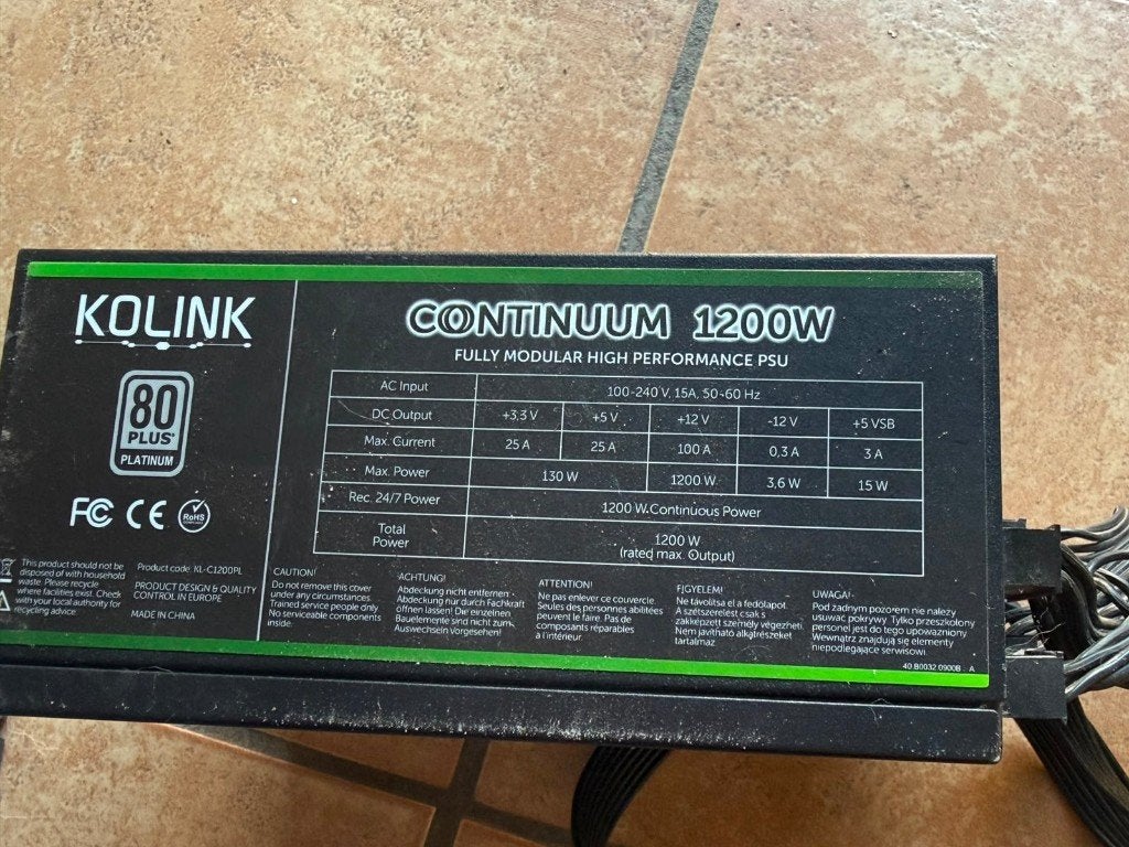 Kolink Continuum 1200w 80 platinum PSU koeling, Ophalen of Verzenden, Gebruikt