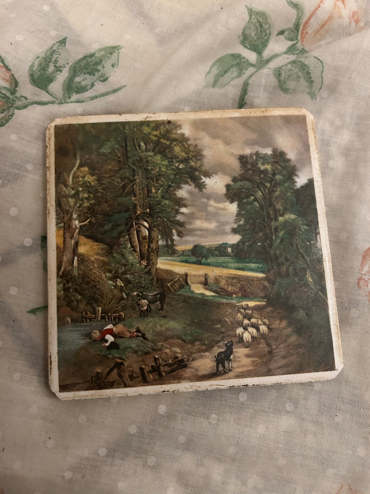 Vintage Onderzetter met Landschap en Schapen, Ophalen of Verzenden