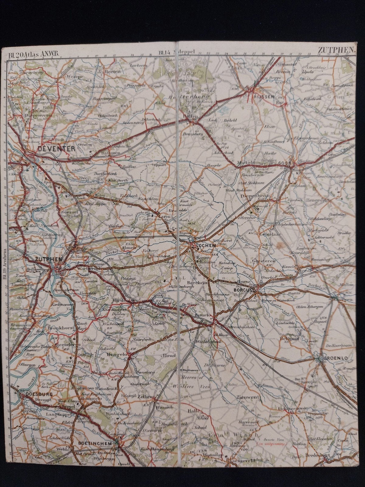 20 / Zutphen en omgeving plattegrond uit Atlas ANWB uit 1920, Boeken, Gelezen, ANWB, Ophalen of Verzenden, Landkaart