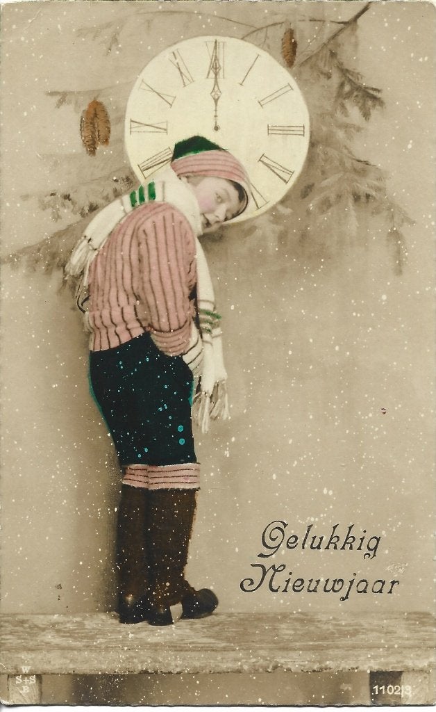 Antiek * Gelukkig Nieuwjaar * Jongetje * Klok * 1922, Verzamelen, Ophalen of Verzenden, 1920 tot 1940, Gelopen, Feest(dag)