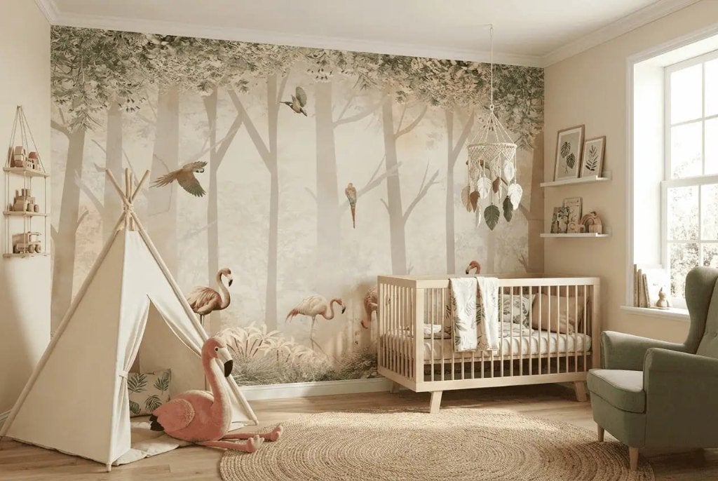 Behang babykamer – flamingo's en papegaaien in mistig bos, Huis en Inrichting, Groen, Overige merken, Ophalen of Verzenden, Fotobehang