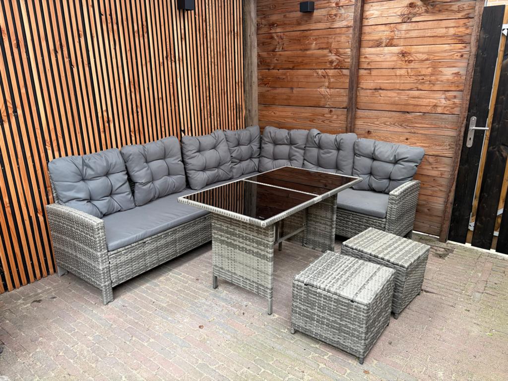 Loungebank met tafel en krukjes - grijs, Tuin en Terras, Tuinsets en Loungesets, Ophalen, Gebruikt, Meer dan 8 zitplaatsen, Loungeset