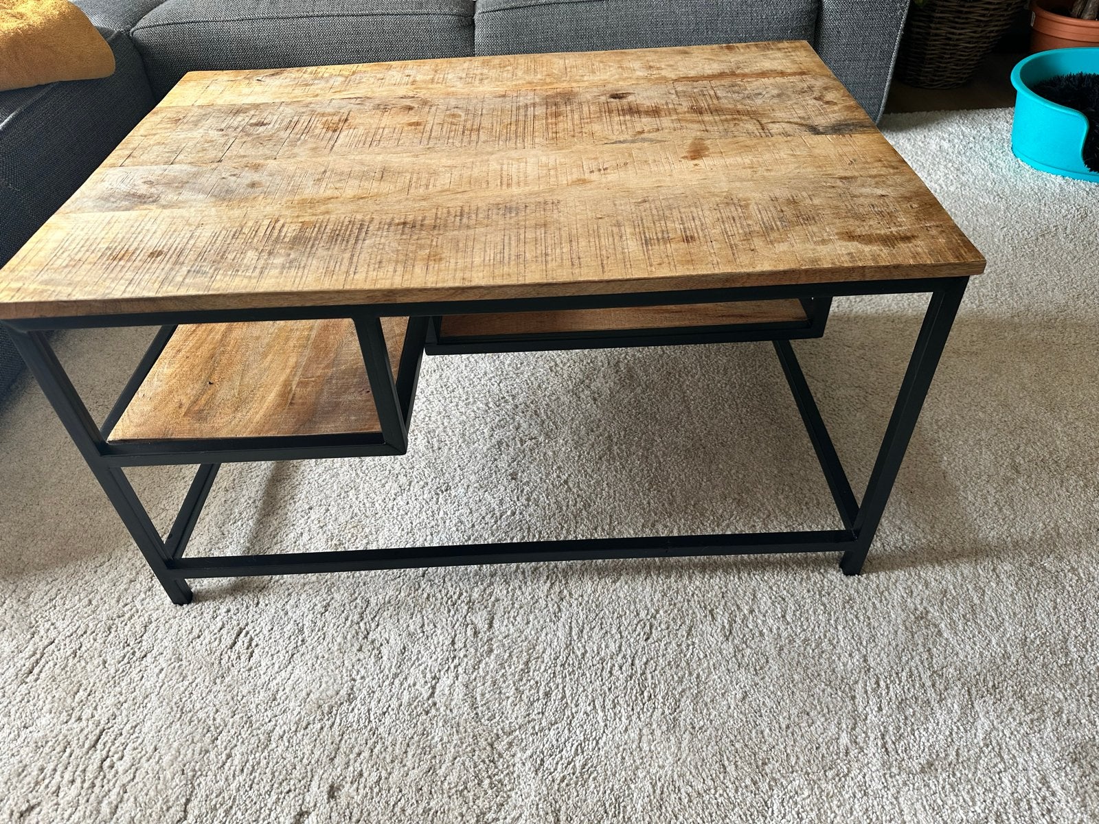 Salontafel mangohout met zwart metalen frame, Ophalen, Gebruikt, 100 tot 150 cm, 50 tot 100 cm
