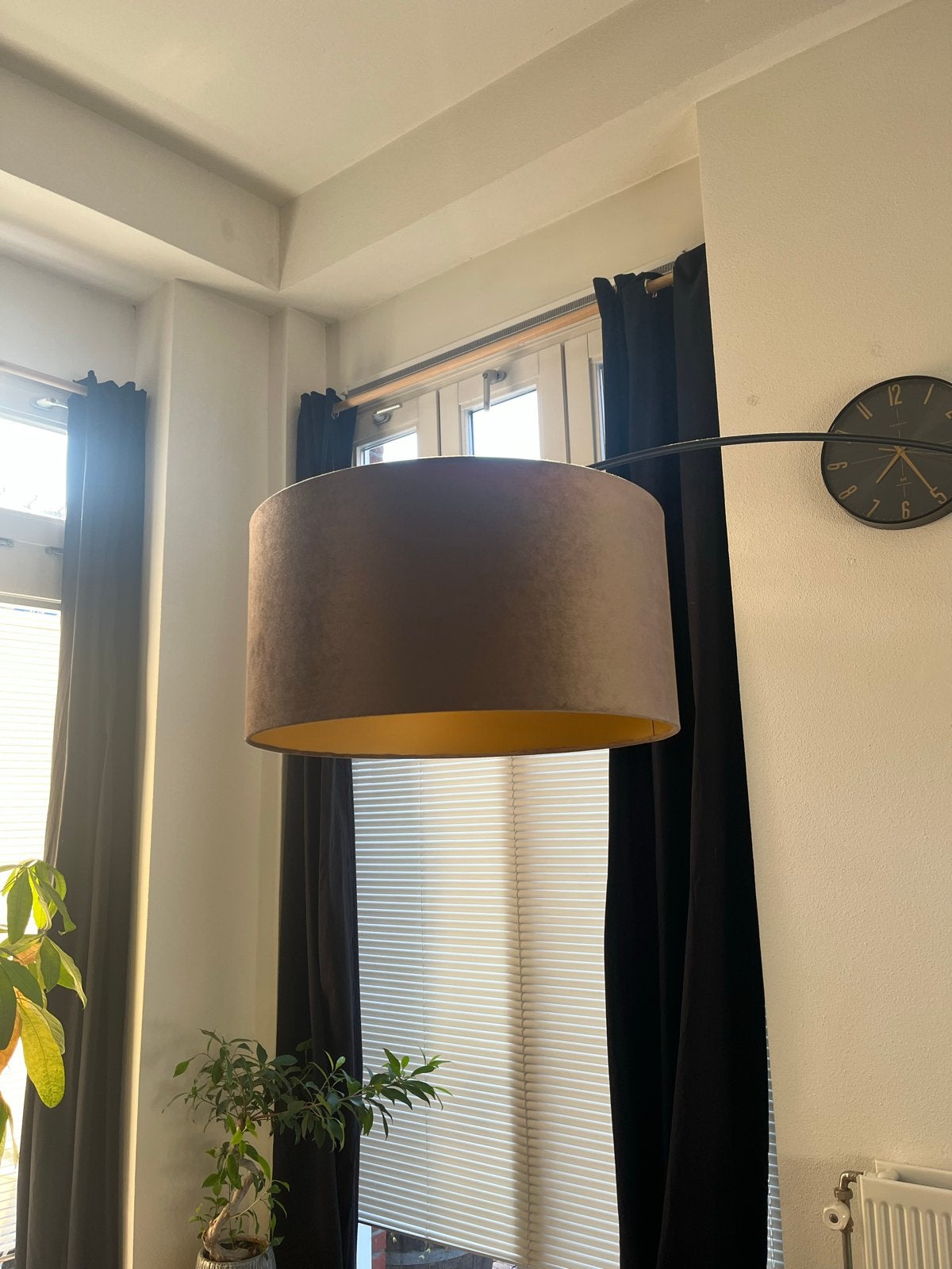 Booglamp met stoffen kap - Donkerbrons/Goud, Ophalen, Gebruikt, E27 (groot), Metaal