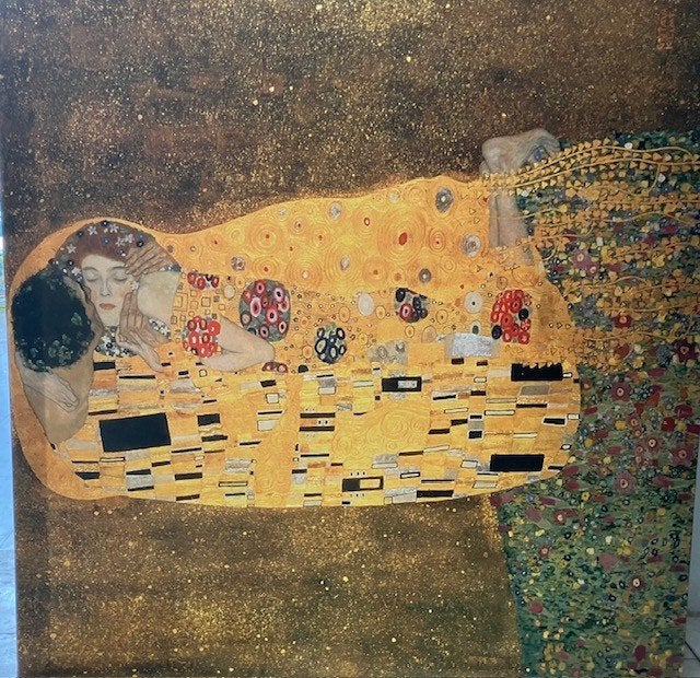 Schilderij Gustav Klimt , liefdespaar, Antiek en Kunst, Ophalen of Verzenden, Klassiek, Aquarel, Doek