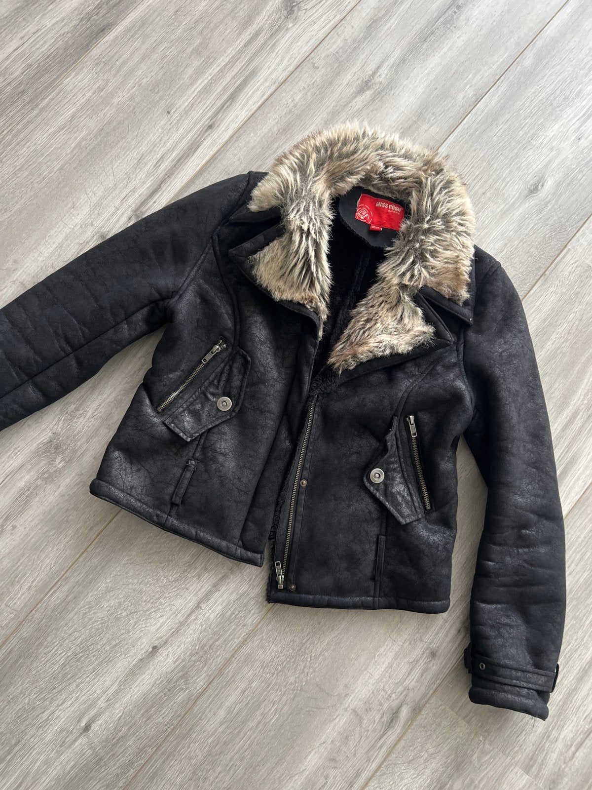 Miss Posh Zwarte Bikerjack met Bontkraag Maat L, Ophalen of Verzenden, Zo goed als nieuw, Maat 42/44 (L), Zwart