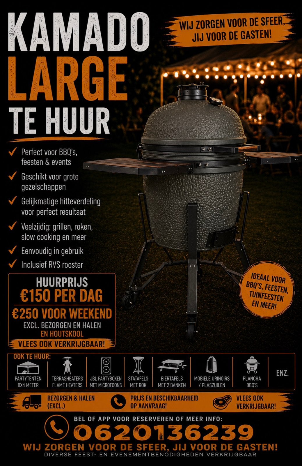 KAMADO LARGE BBQ TE HUUR, Ophalen of Verzenden, Zo goed als nieuw, Overige