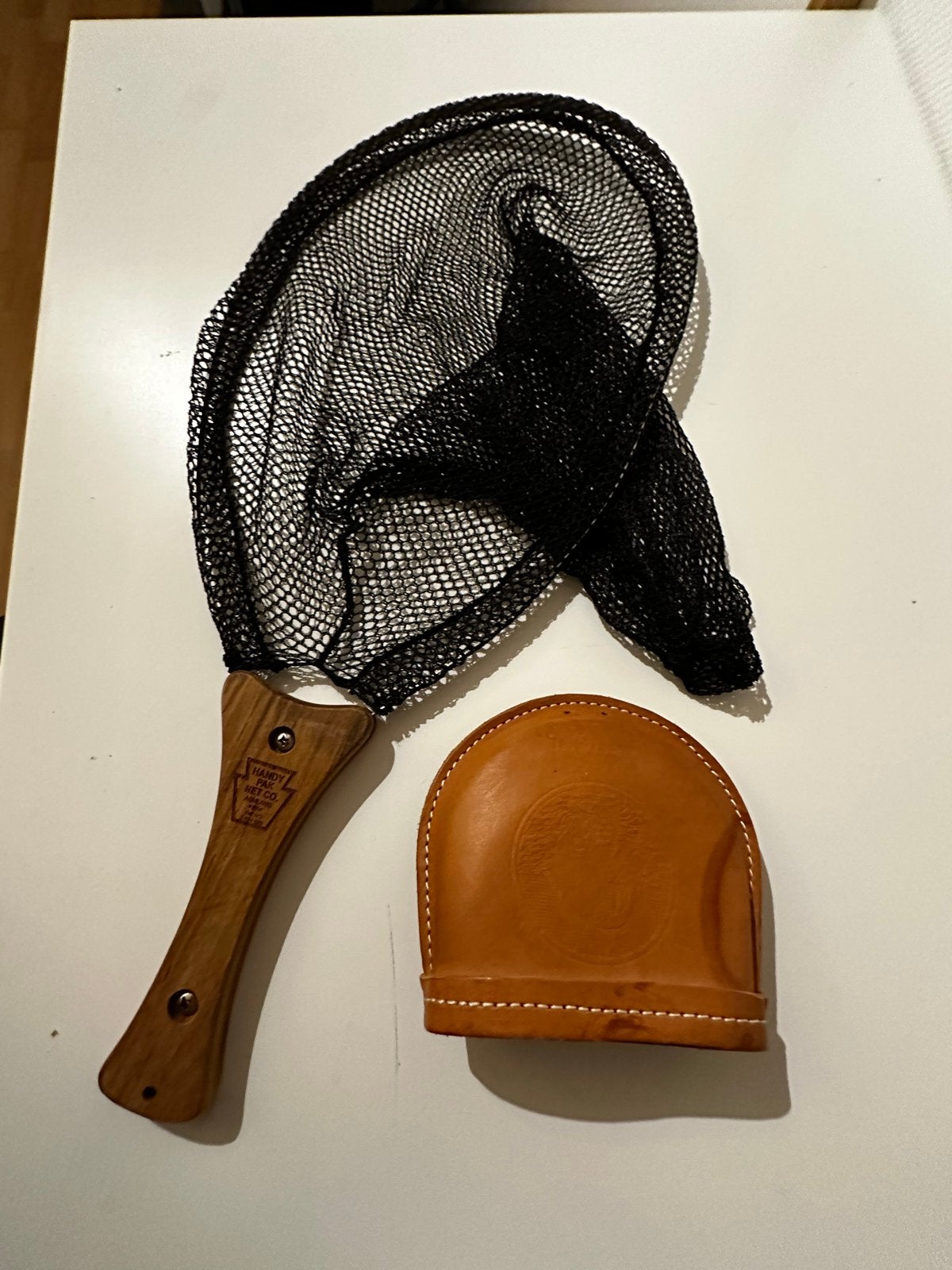 Houten schepnet met leren hoes- Vliegvissen, Ophalen of Verzenden, Zo goed als nieuw, Net of Fuik