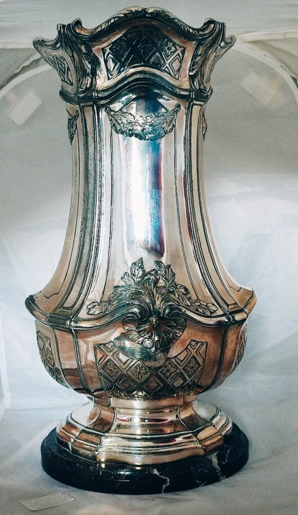 Gtoot Christofle(Galia) verzilverd vaas op marmeren stand, Antiek en Kunst, Ophalen of Verzenden