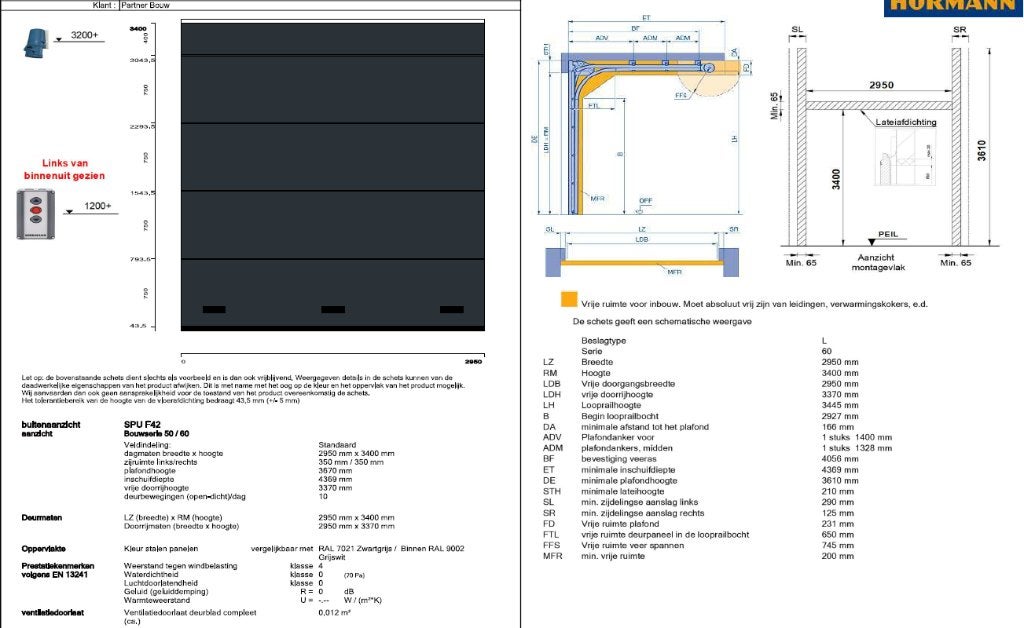 Nieuwe Hörmann sectionaaldeur / overheaddeur 2950x3400, -, -, Ophalen of Verzenden, -