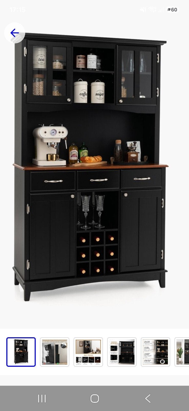 Zwarte buffetkast met wijnrek, Huis en Inrichting, Kasten | Buffetkasten, Ophalen, Glas, Zo goed als nieuw, 150 tot 200 cm