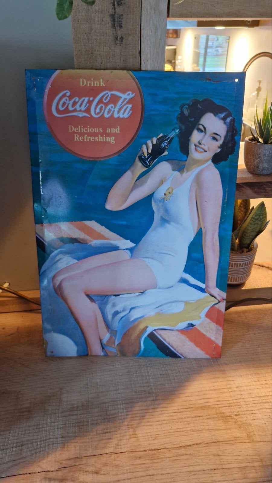 Vintage Coca-Cola Reclamebord - Pin-up Girl, Ophalen of Verzenden, Gebruikt, Reclamebord