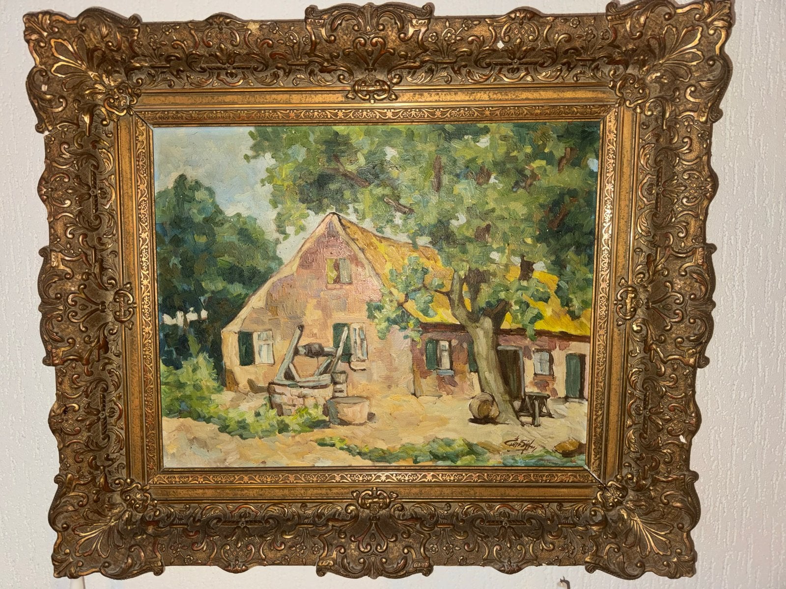 Schilderij van Joppe,boerderij en waterput, Antiek en Kunst, Ophalen, Doek, Realistisch, Landschap