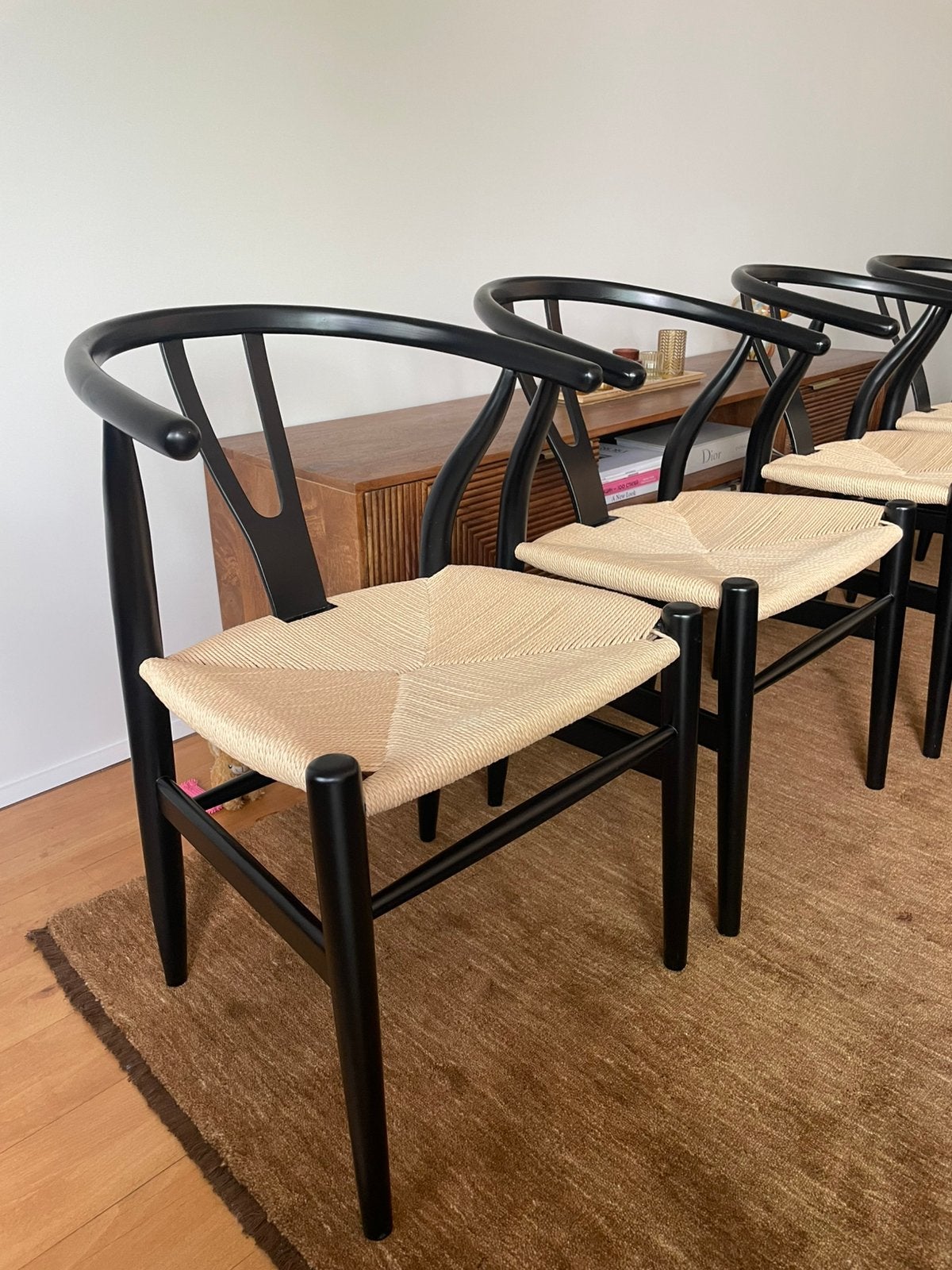 Set van 4 design stoelen – Wishbone / CH24 stijl, Ophalen, Gebruikt, Zwart, Scandinavisch