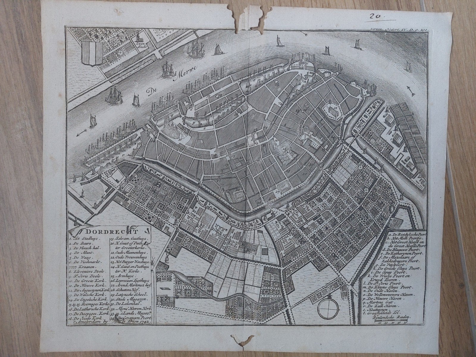 67 Dordrecht Originele gravure uit 1742 Isaac Tirion, Antiek en Kunst, Gesigneerd, Stadsgezicht, 17 cm, Ophalen of Verzenden