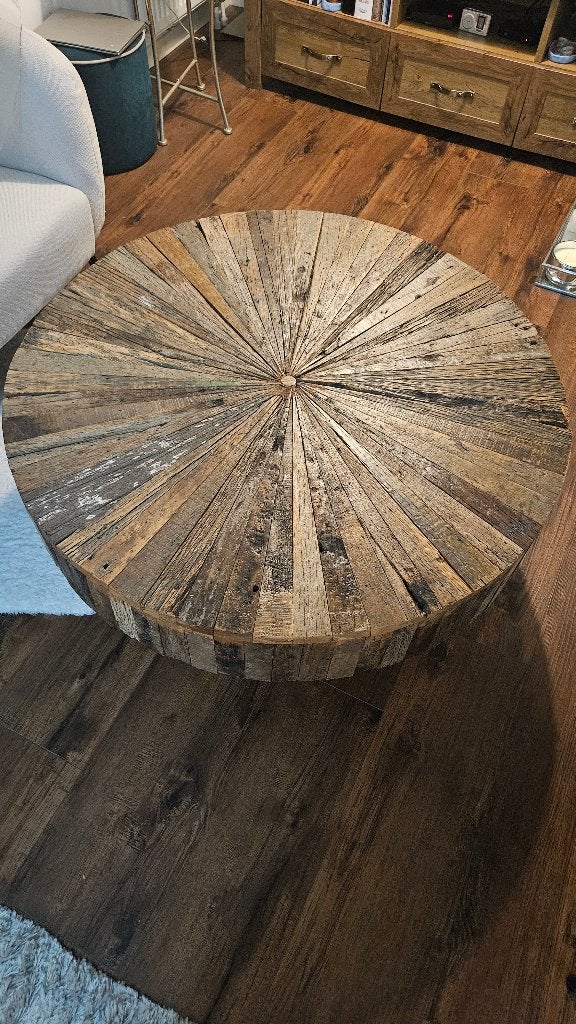 Salontafel rond (gerecycled massief eikenhout) € 70,-, Huis en Inrichting, Ophalen, Gebruikt, 50 tot 100 cm, 50 tot 100 cm